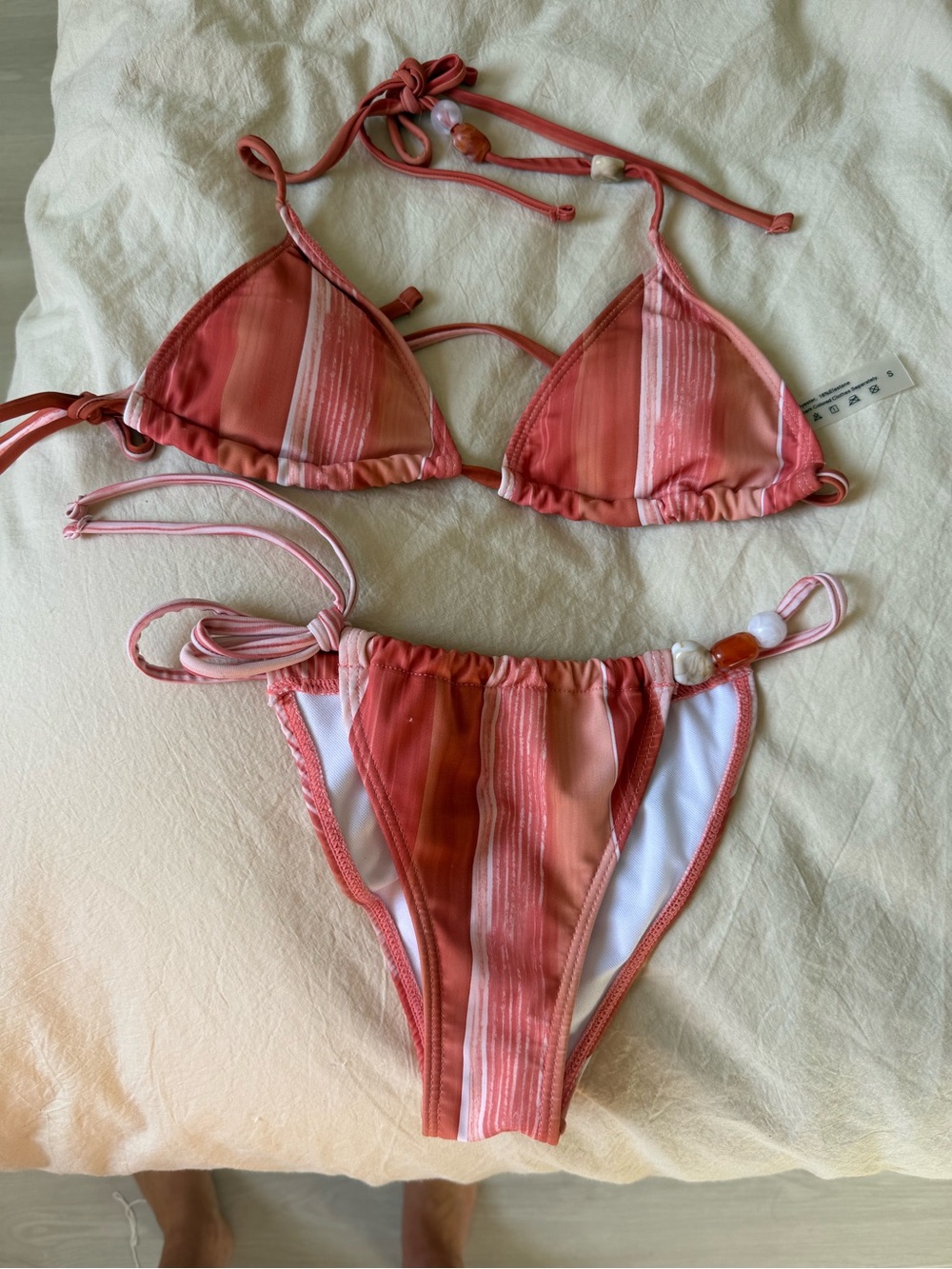 COMMENSE Coral Watercolor Stripe Beaded Triangle Bikini Set S - Picture 7 of 7